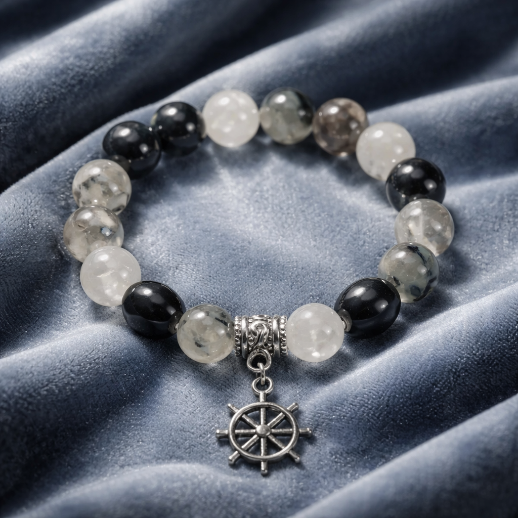 Tourmalinated Quartz and Black Agate Stretch Bracelet | Ship's Wheel Charm | Handmade Gemstone Bracelet