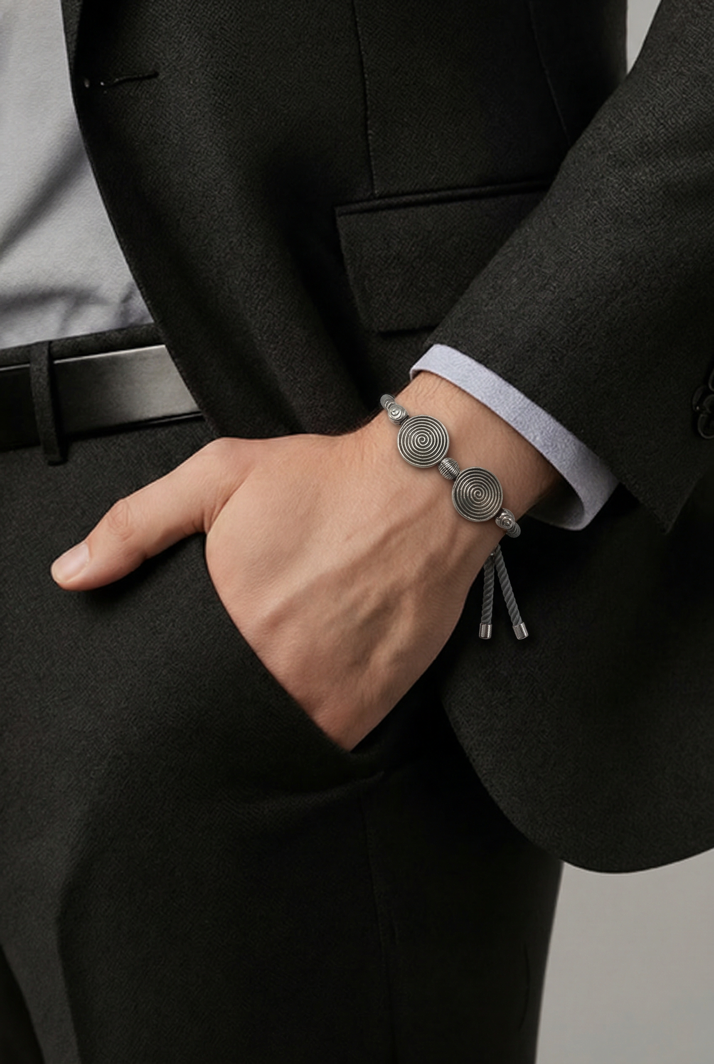 Celtic Spiral Disc Bracelet | Adjustable Grey Cord | Antique Silver | Unisex Handmade Bracelet