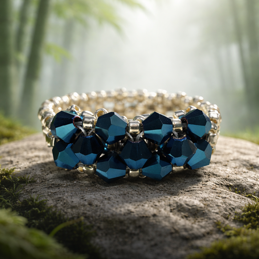 Royal Blue Crystal Cocktail Ring | Silver Seed Bead Band | Statement Ring | Handmade Beaded Ring