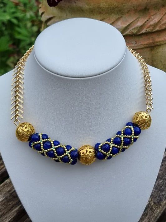 Luxury Blue and Gold Beaded Station Necklace | Gold Filigree | Faceted Crystal | Evening Jewellery | Handmade
