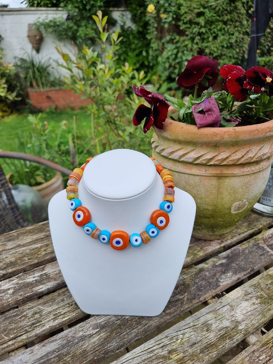 Turkish Glass Evil Eye Boho Necklace | Adjustable Cord Necklace | Handmade Glass Beads