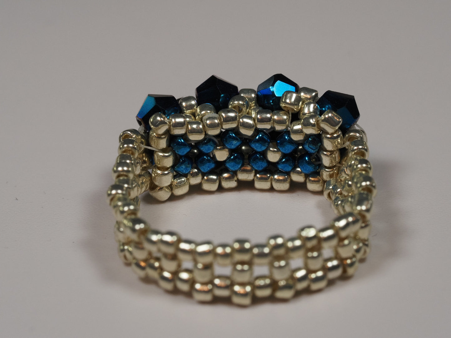 Royal Blue Crystal Cocktail Ring | Silver Seed Bead Band | Statement Ring | Handmade Beaded Ring