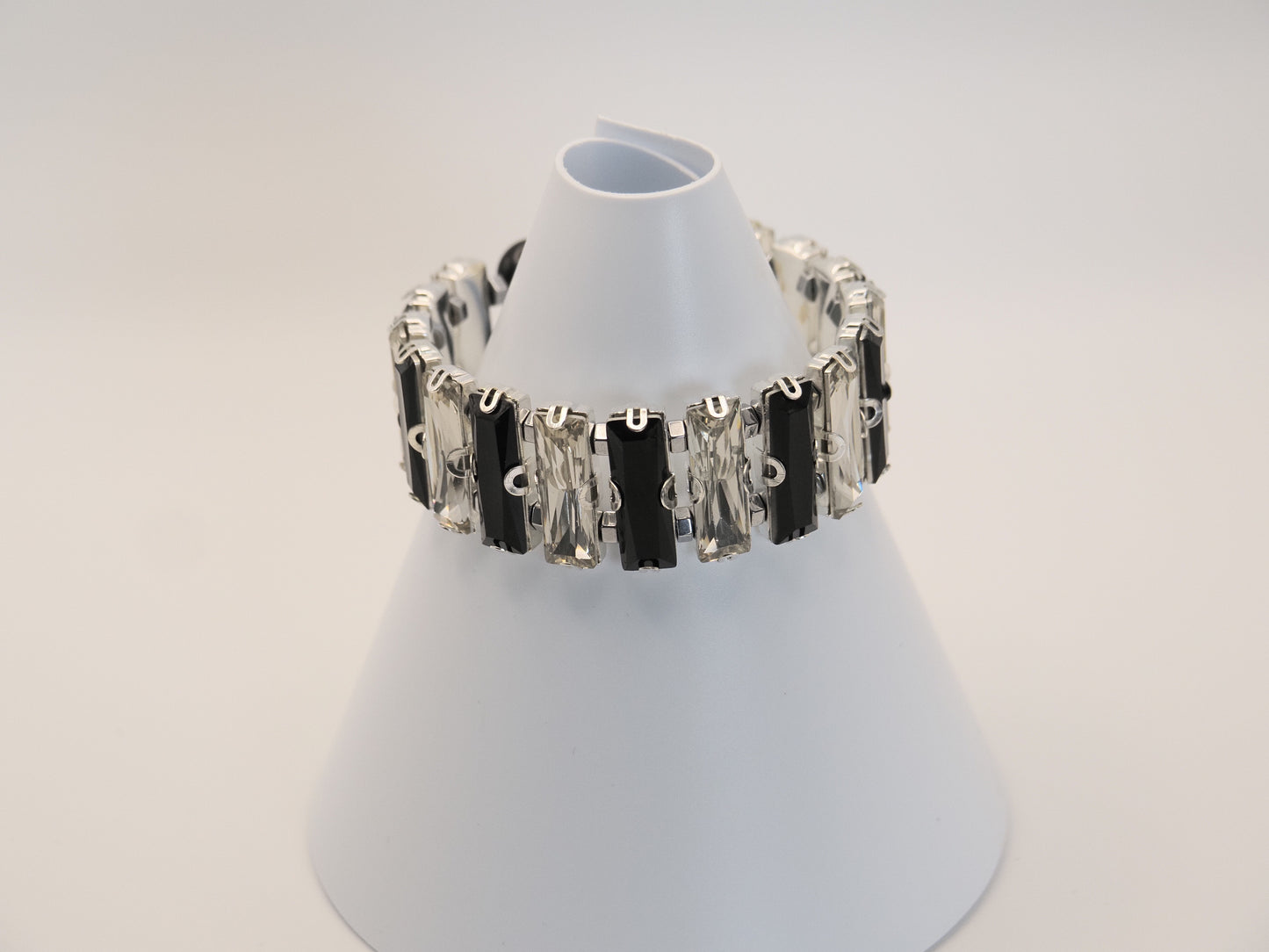 Black & Clear Crystal Stretch Bracelet | Obsidian Centre | Silver Baguettes | Prom Bracelet | Statement Bracelet | Handmade
