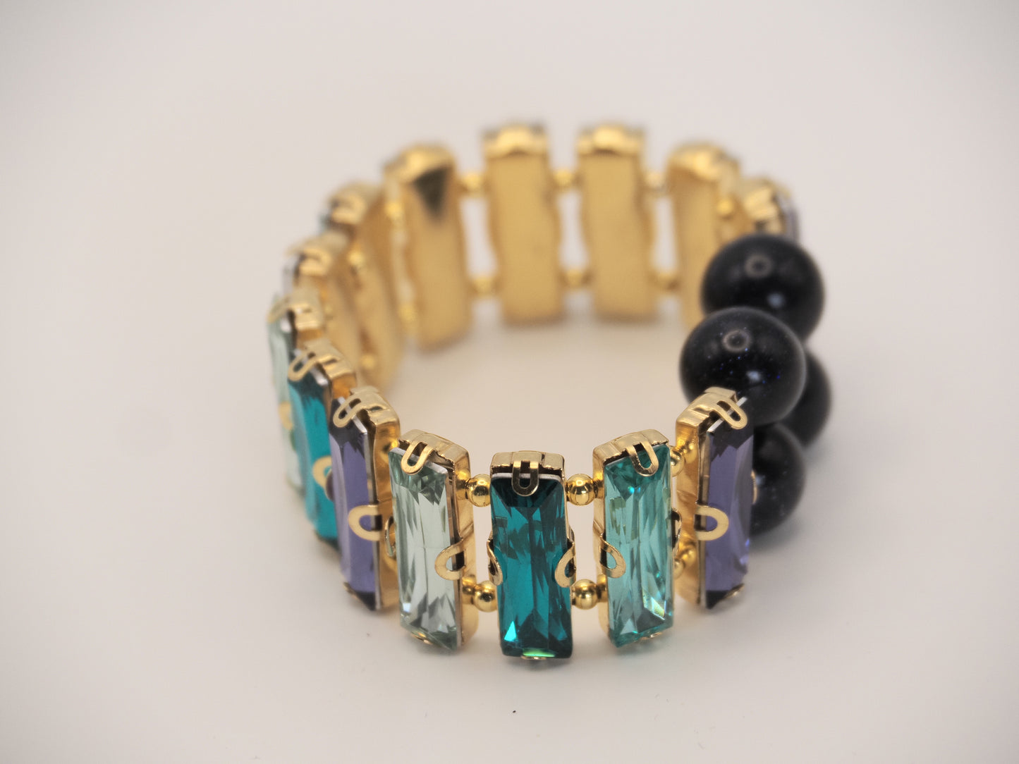 Blue Goldstone and Crystal Stretch Bracelet | Purple Aqua Teal Baguettes | Prom Bracelet | Statement Bracelet | Handmade
