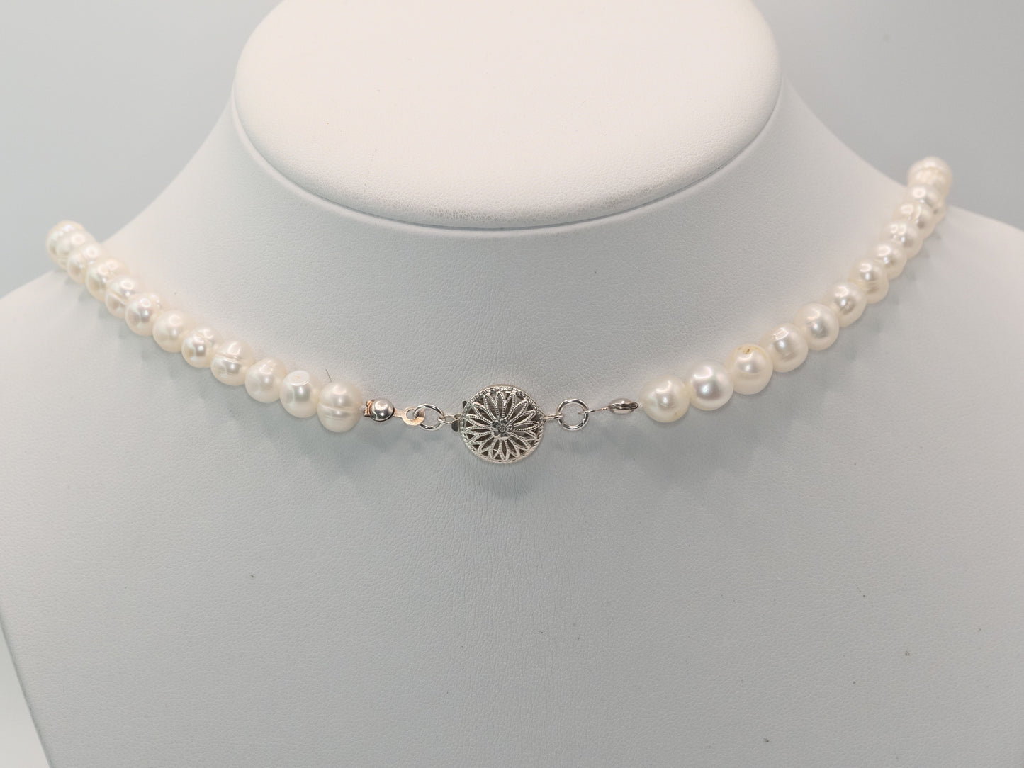 White Potato Pearl Necklace | Graduated Freshwater Pearls | Sterling Silver Filigree Box Clasp | Handmade Classic Necklace
