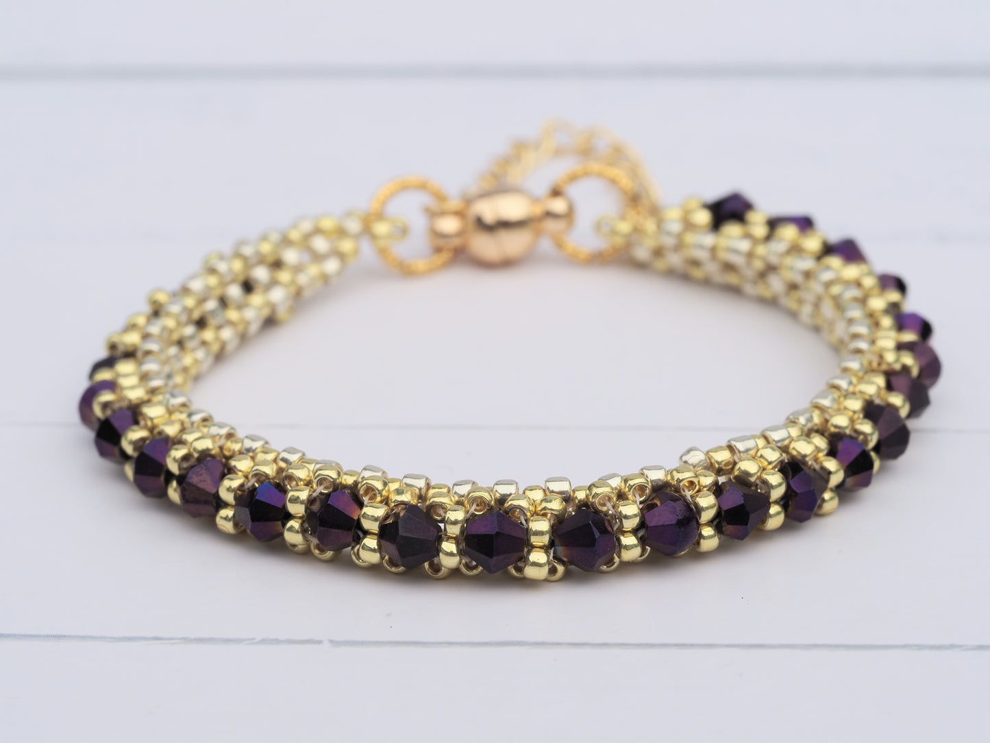 Amethyst Crystal & Gold Tone Bracelet | Beaded Tennis Style | Magnetic Clasp with Safety Chain | Handmade Statement Bracelet