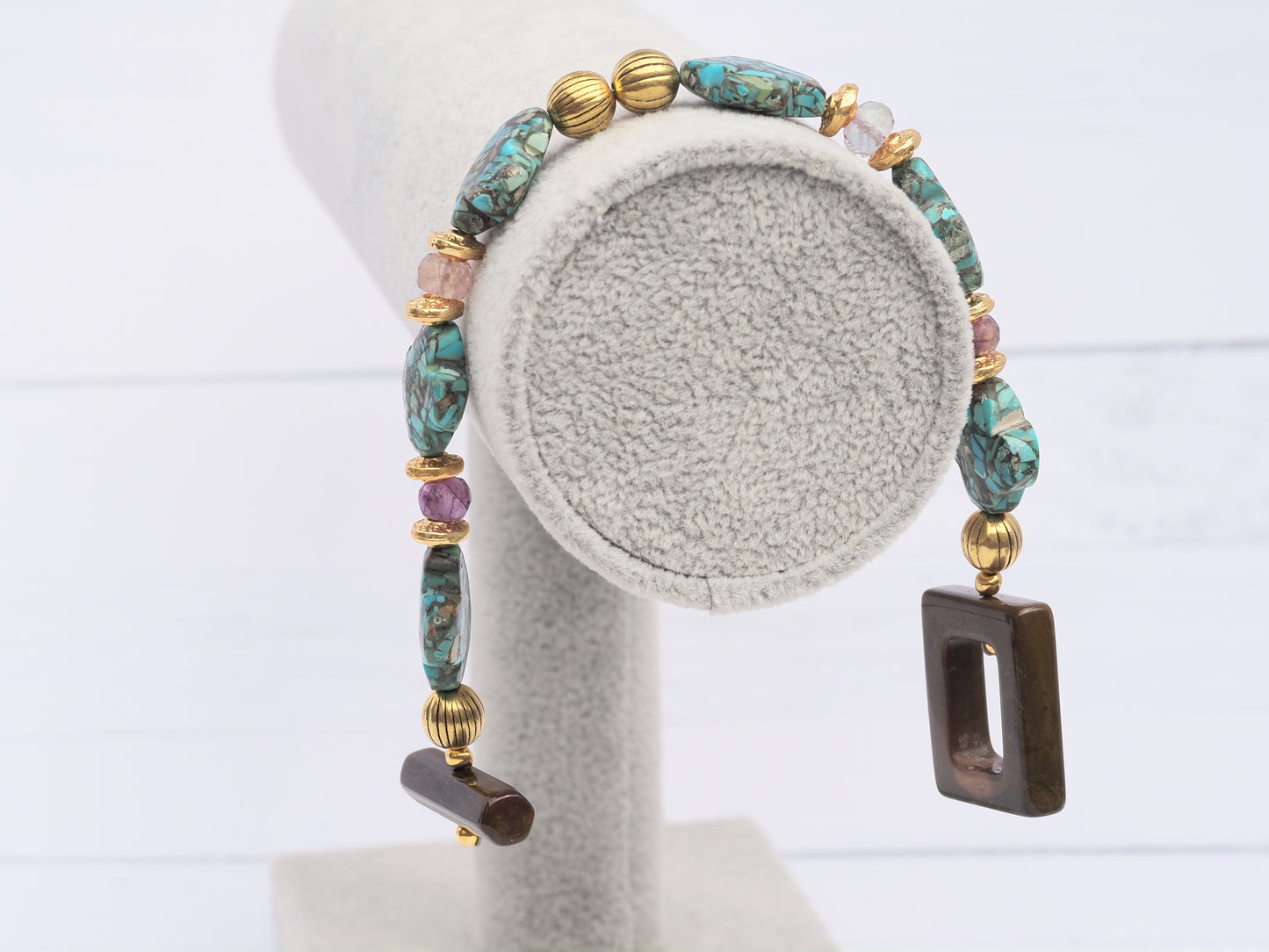 Turquoise Clover & Anahi Ametrine Bracelet | Gold Plated | Brown Jasper Toggle Clasp | Handmade Gemstone Bracelet | Boho Luxury