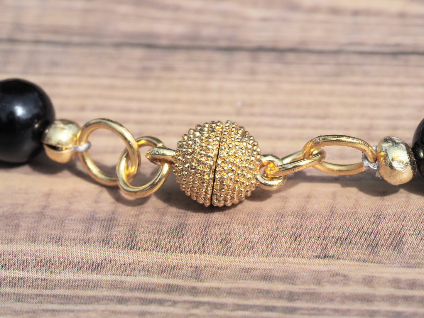 Gold Shell Pearl & Black Agate Necklace | Rhinestone Rondelles | Gold Plated Magnetic Clasp | Handmade Beaded Necklace