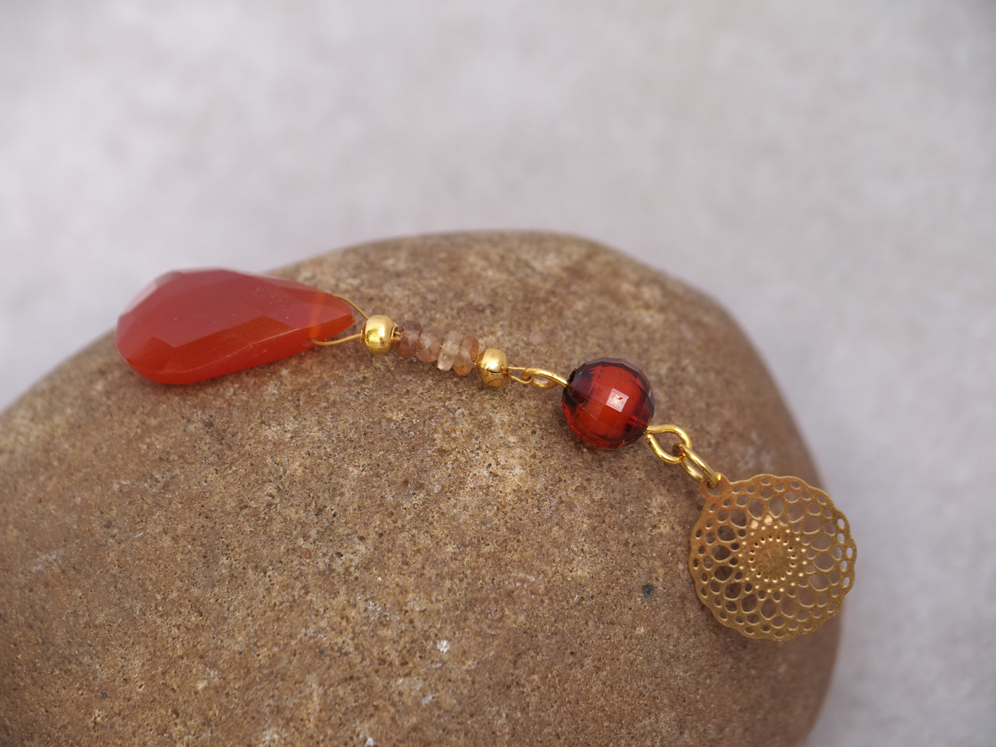Red Chalcedony and Smoky Crystal Drop Earrings | Mandala Filigree Stud | Gold Plated | Handmade Statement Earrings