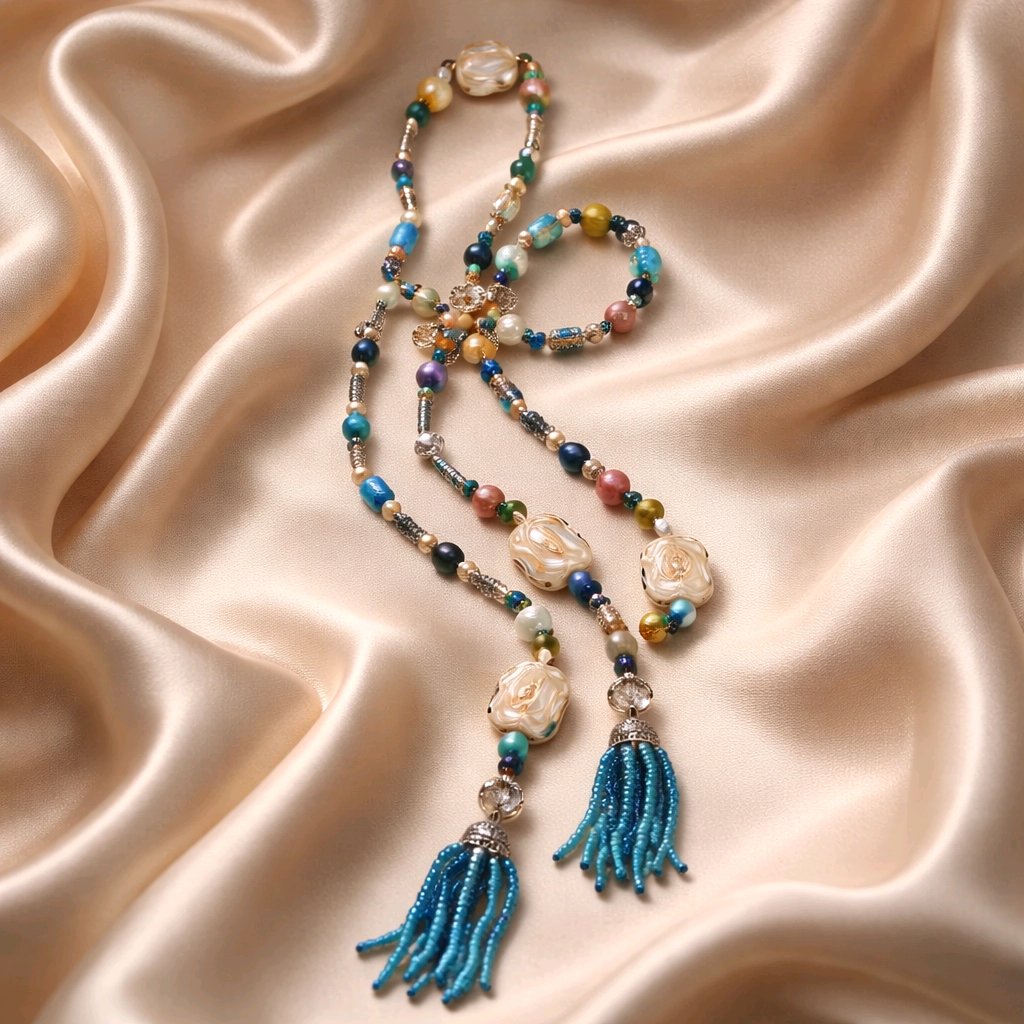 Long Beaded Lariat Wraparound Necklace | Keshi Pearls, Apatite & Crystal | Beaded Tassel Ends | Handmade Boho Luxury Statement Necklace
