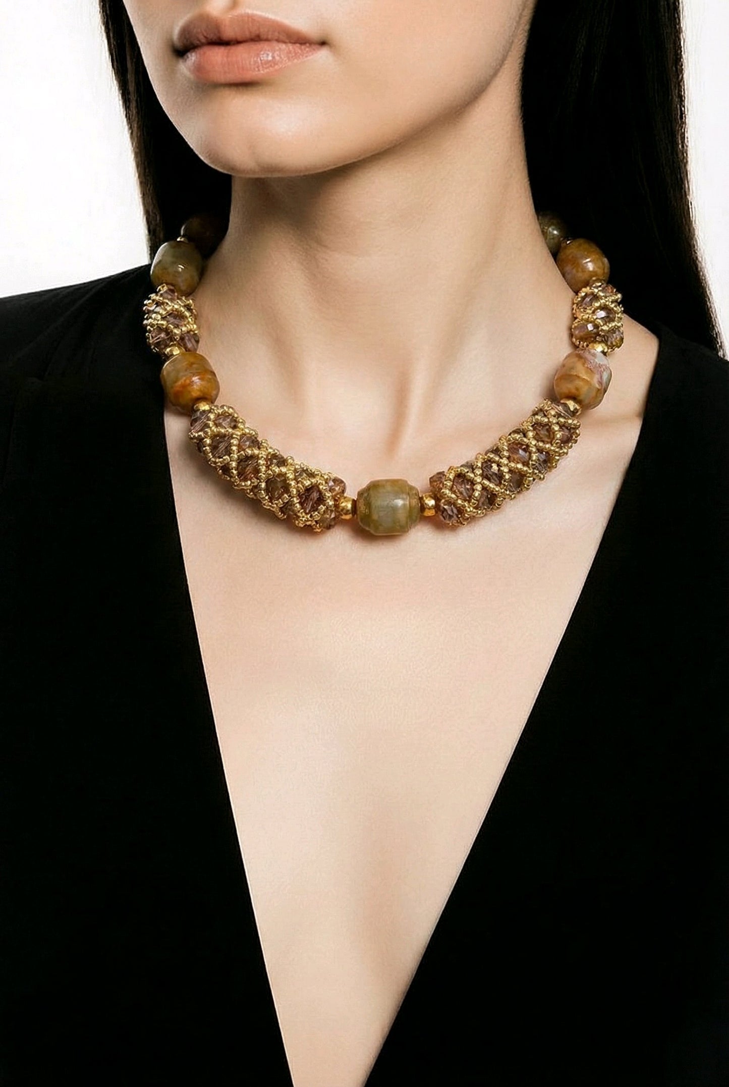 Jade and Champagne Crystal Choker Necklace | Gold Memory Wire | Handmade Statement Necklace | Boho Luxury