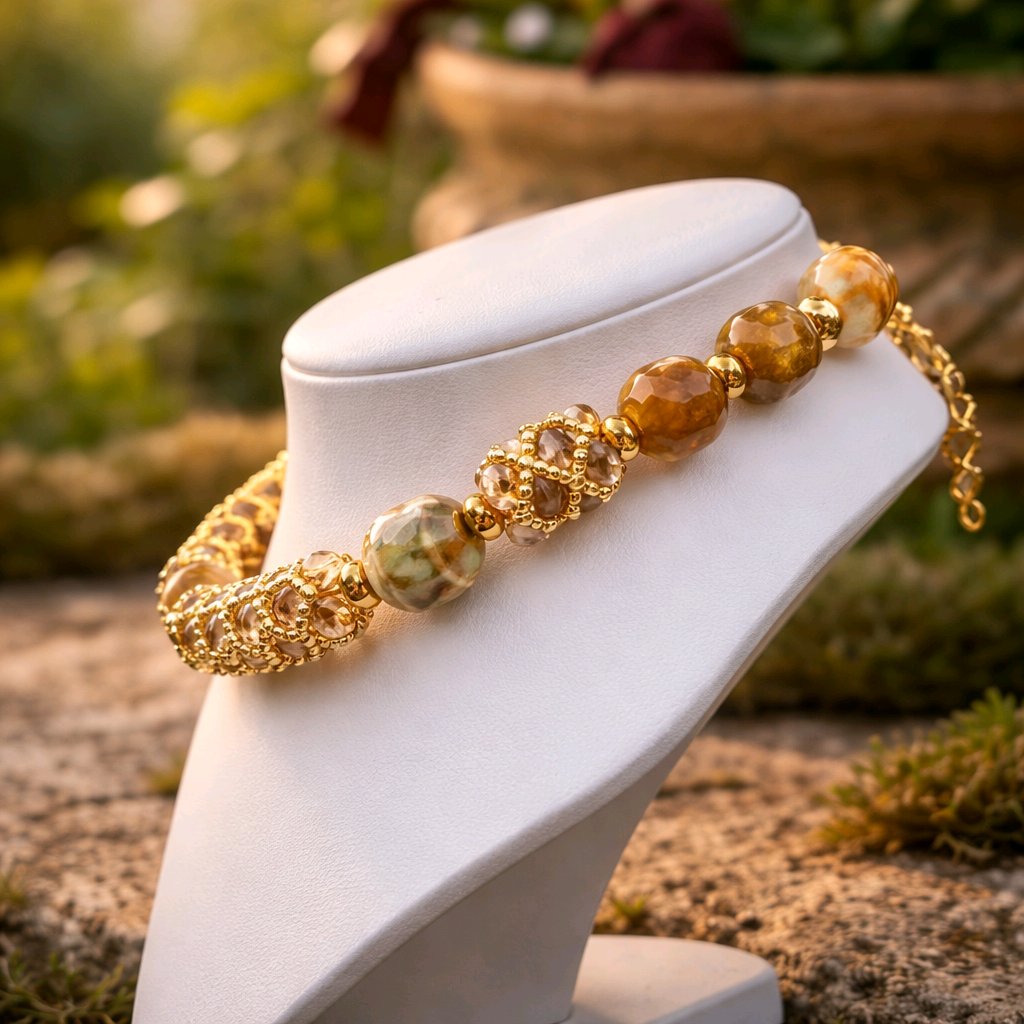 Jade and Champagne Crystal Choker Necklace | Gold Memory Wire | Handmade Statement Necklace | Boho Luxury