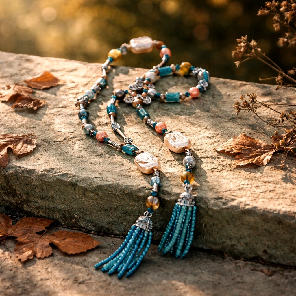 Long Beaded Lariat Wraparound Necklace | Keshi Pearls, Apatite & Crystal | Beaded Tassel Ends | Handmade Boho Luxury Statement Necklace