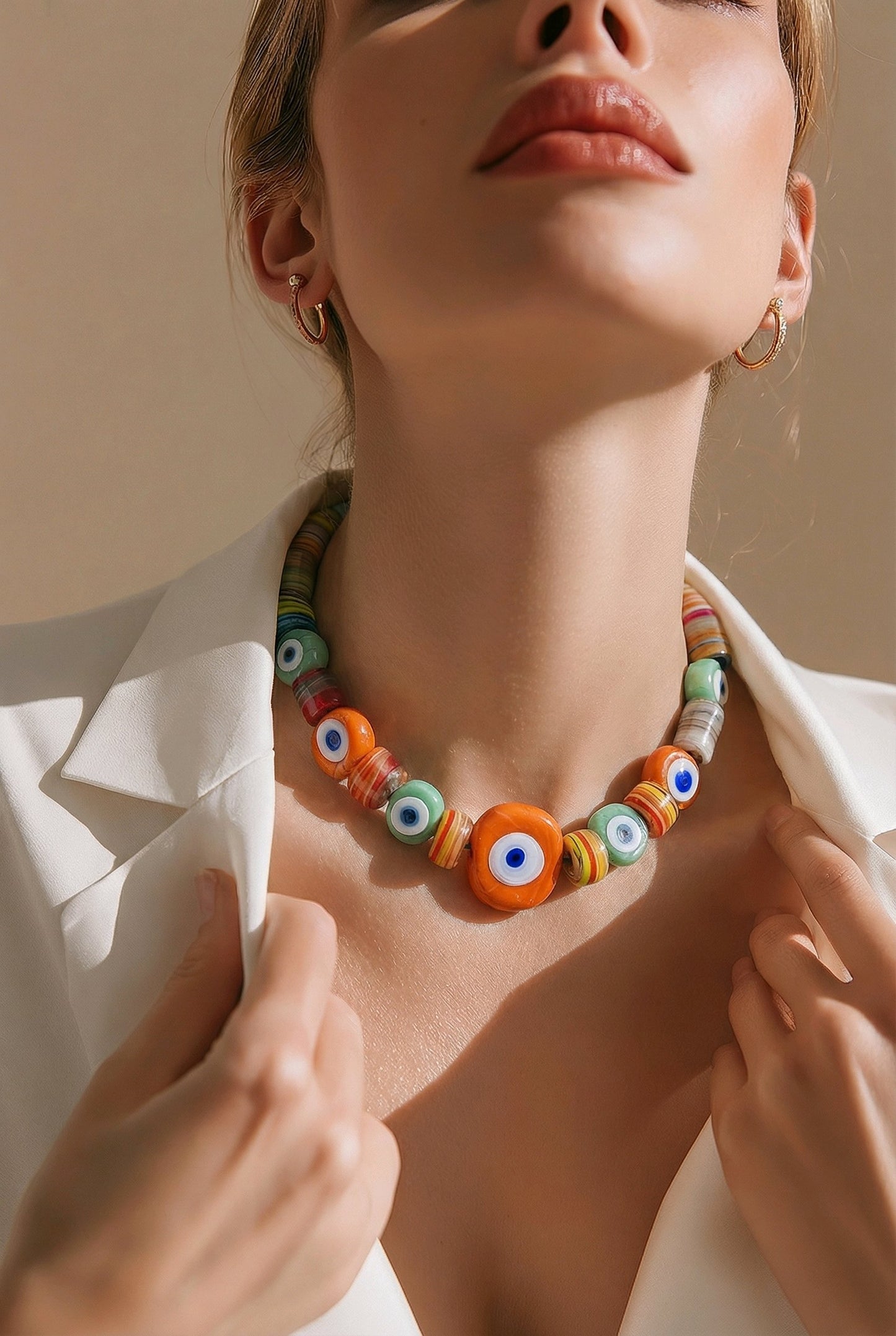 Turkish Glass Evil Eye Boho Necklace | Adjustable Cord Necklace | Handmade Glass Beads
