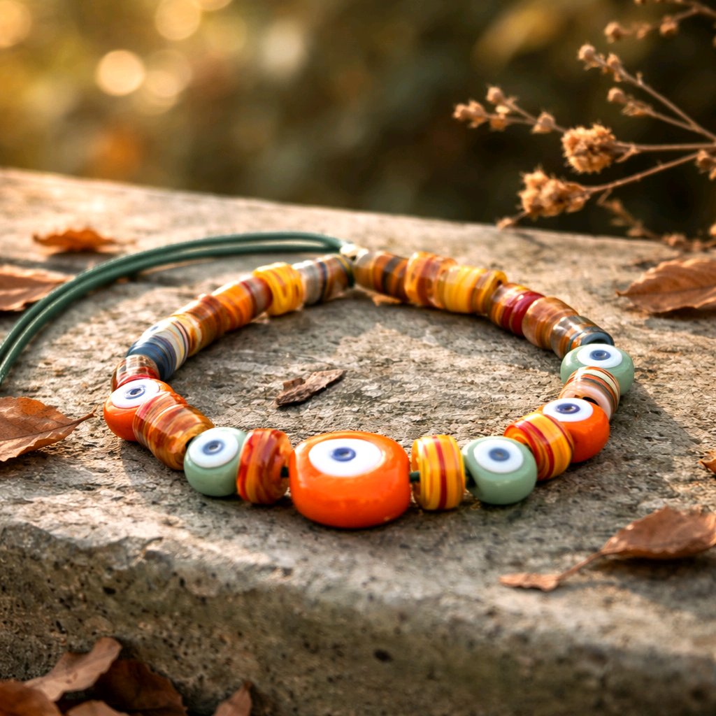 Turkish Glass Evil Eye Boho Necklace | Adjustable Cord Necklace | Handmade Glass Beads