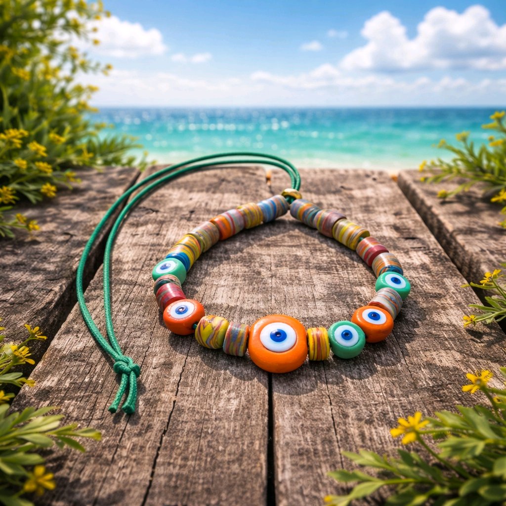 Turkish Glass Evil Eye Boho Necklace | Adjustable Cord Necklace | Handmade Glass Beads