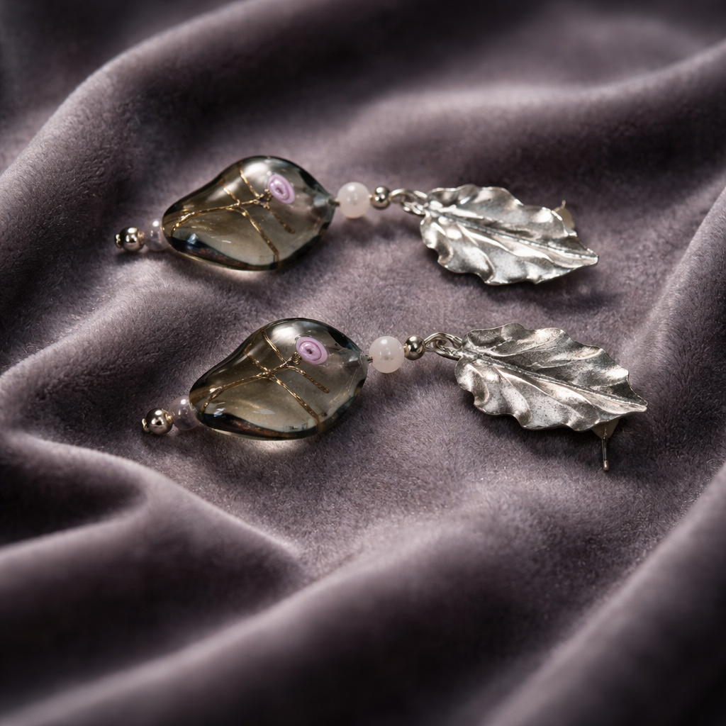 Silver Leaf and Lampwork Glass Drop Earrings | Gold Sand Murano Style | Antique Silver Brass | Handmade Artisan Earrings