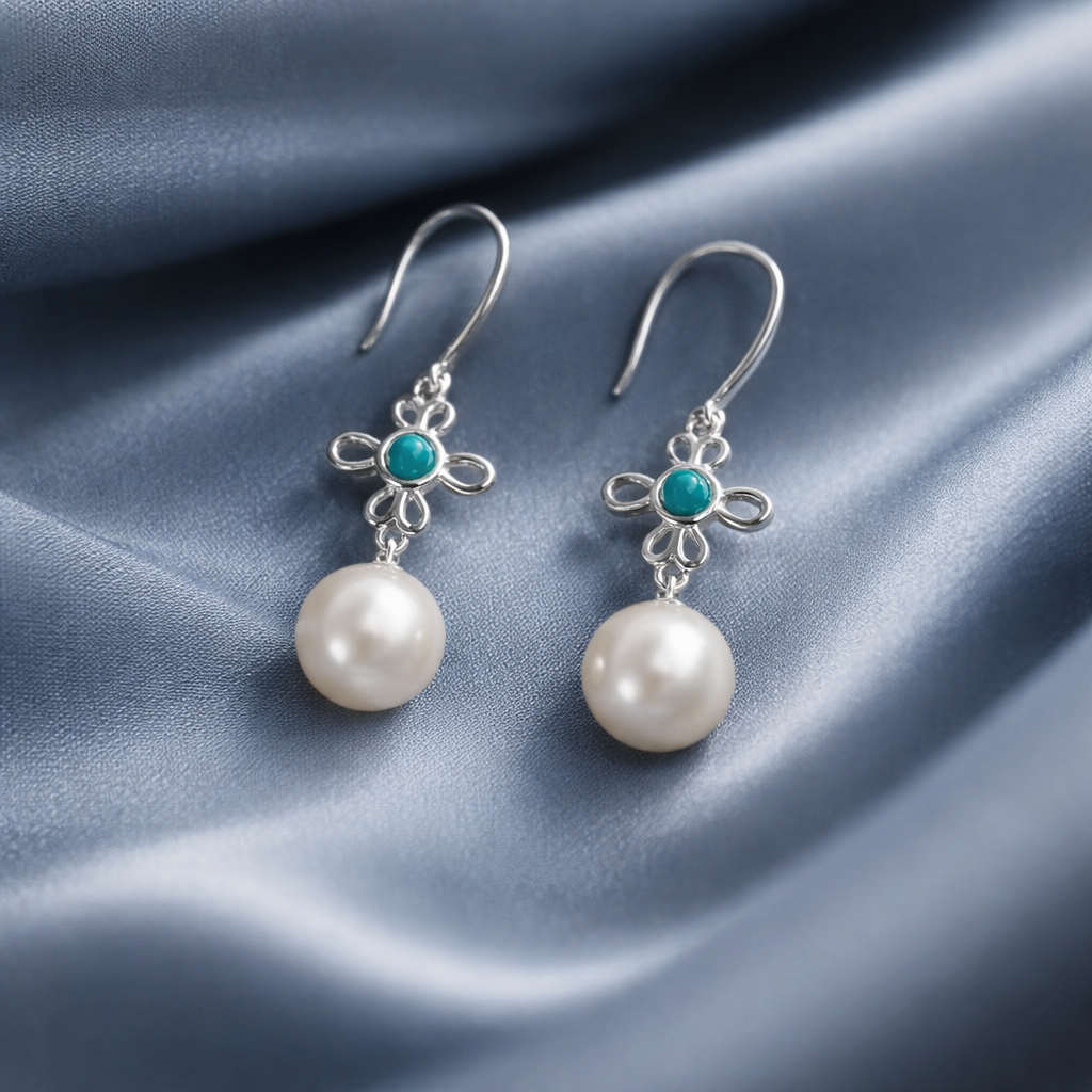 Sterling Silver Turquoise and Pearl Drop Earrings | Filigree Flower | Freshwater Pearl | 925 Silver