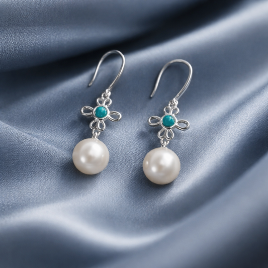 Sterling Silver Turquoise and Pearl Drop Earrings | Filigree Flower | Freshwater Pearl | 925 Silver