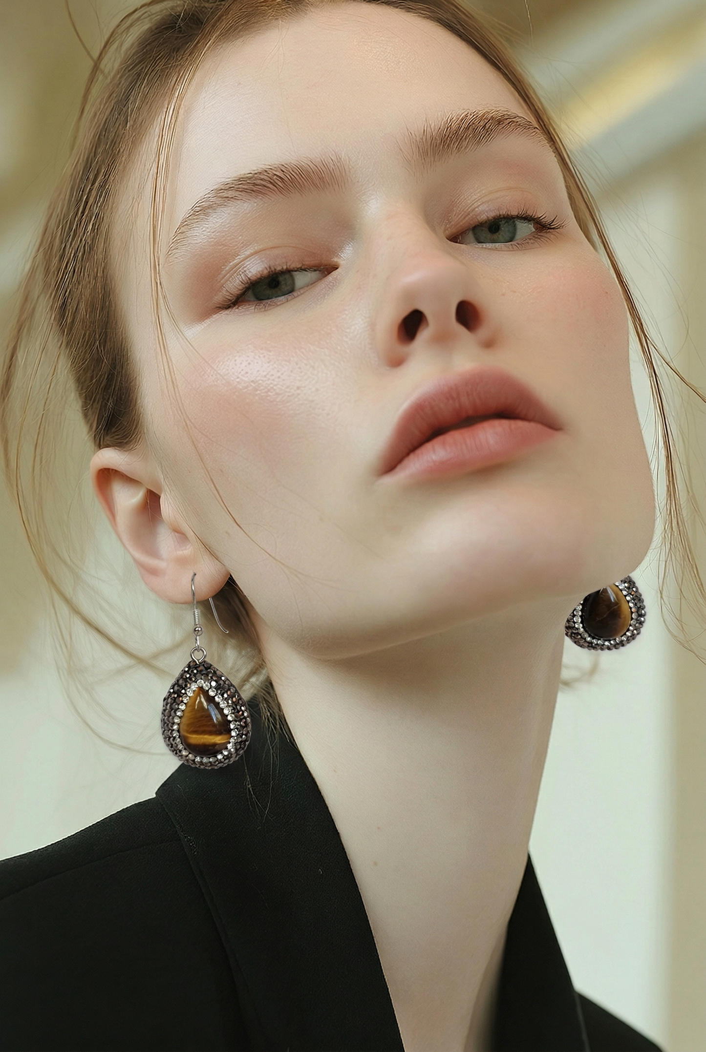 Tiger's Eye and Crystal Pavé Teardrop Earrings | Sterling Silver | Boho Statement 3cm drop Earrings