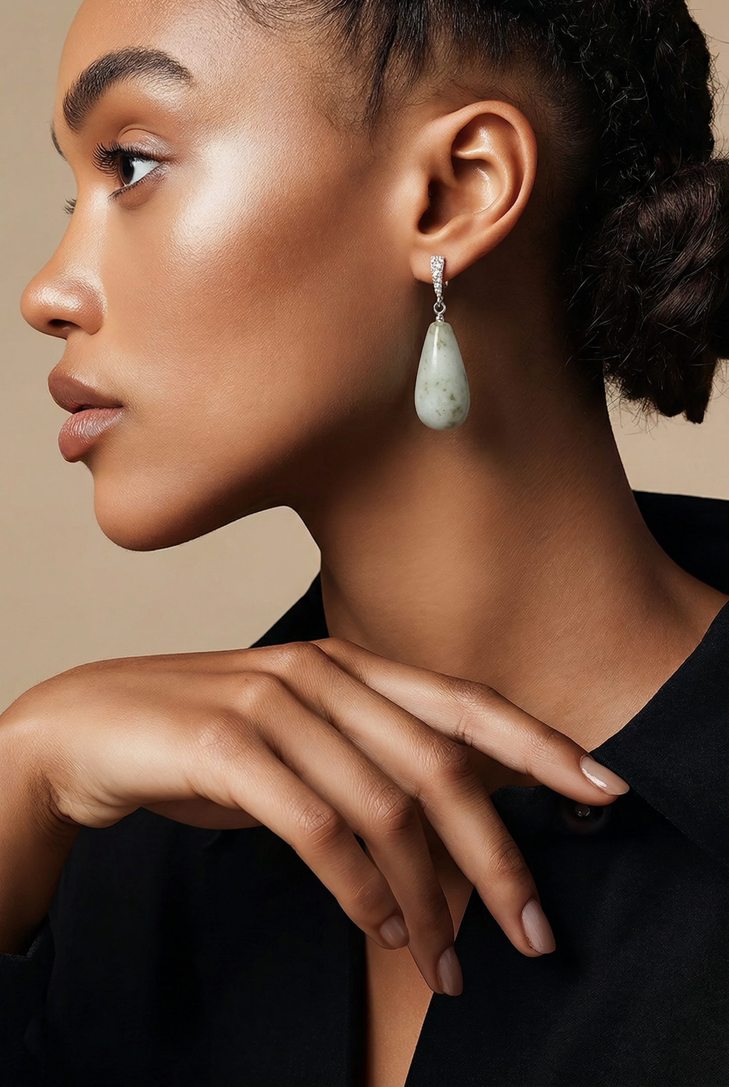 Burmese Jade Drop Earrings | Type A White Jade | Sterling Silver Diamond Stud | Luxury Gemstone Earrings | Handmade