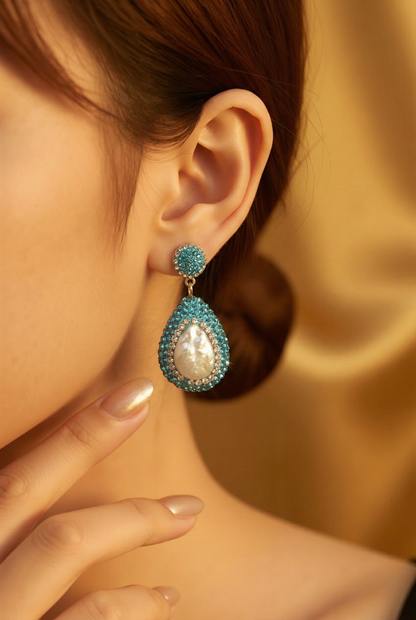 Aqua Teal and Pearl Drop Earrings | Freshwater Cultured Pearl | 925 Gold Plated | Rhinestone Statement Earrings