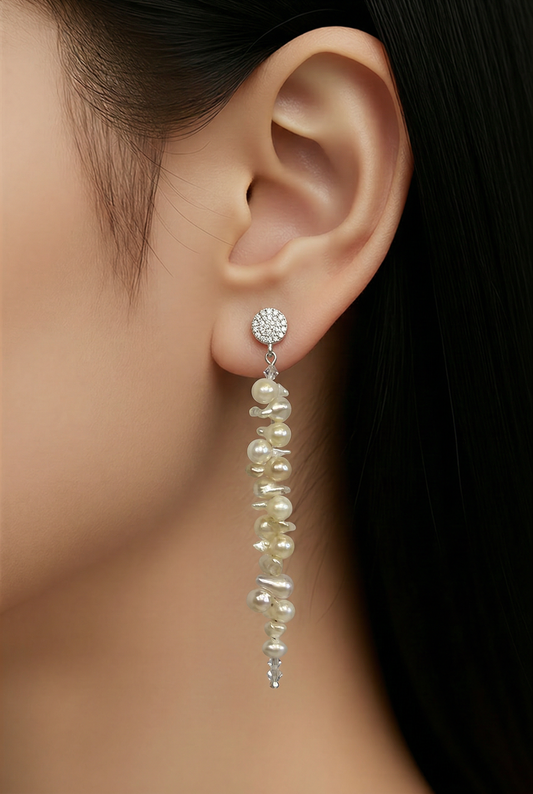 Cascading Pearl Drop Earrings | Cleopatra Akoya Pearls | Sterling Silver Stud | Handmade Bridal Earrings