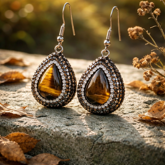 Tiger's Eye and Crystal Pavé Teardrop Earrings | Sterling Silver | Boho Statement 3cm drop Earrings