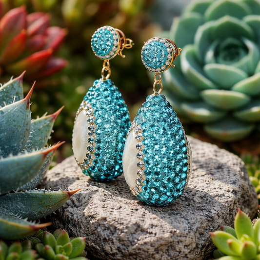 Aqua Teal and Pearl Drop Earrings | Freshwater Cultured Pearl | 925 Gold Plated | Rhinestone Statement Earrings