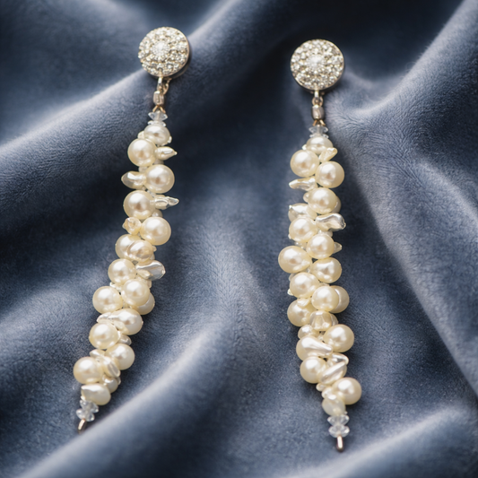 Cascading Pearl Drop Earrings | Cleopatra Akoya Pearls | Sterling Silver Stud | Handmade Bridal Earrings