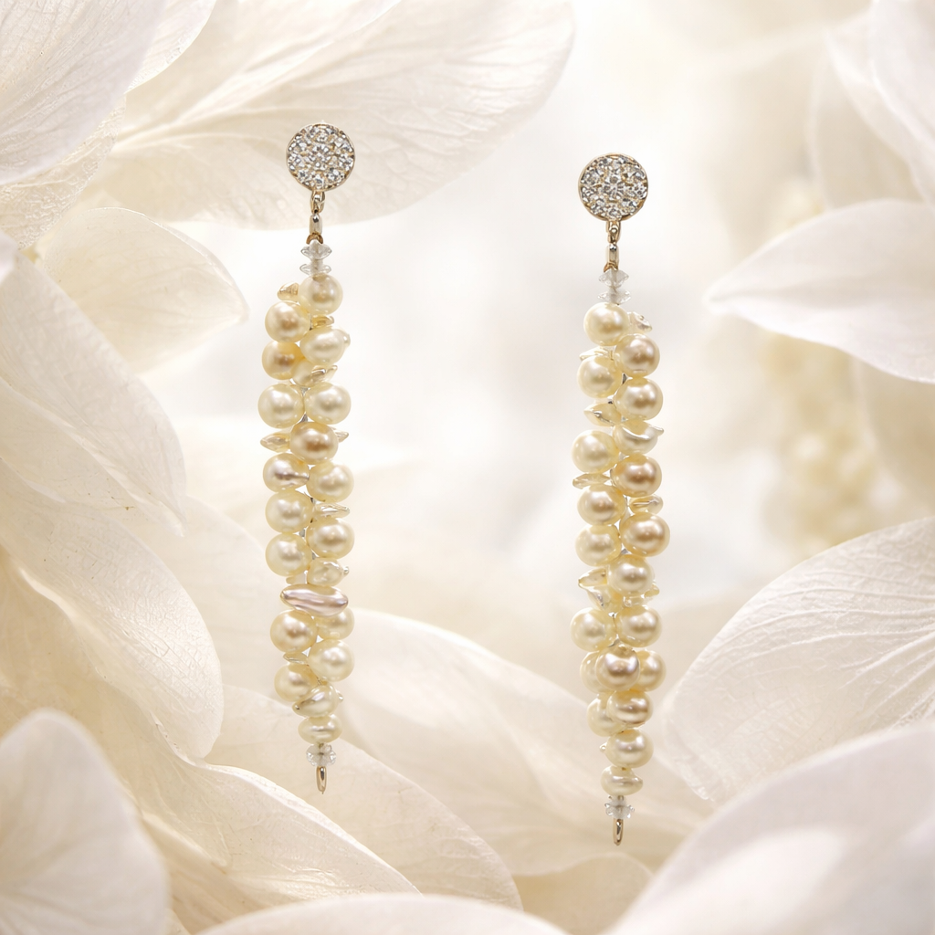Cascading Pearl Drop Earrings | Cleopatra Akoya Pearls | Sterling Silver Stud | Handmade Bridal Earrings