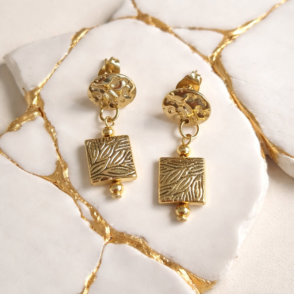 Gold Tibetan Square Drop Earrings | Hammered Brass Stud | Gold Plated | Handmade Statement Earrings