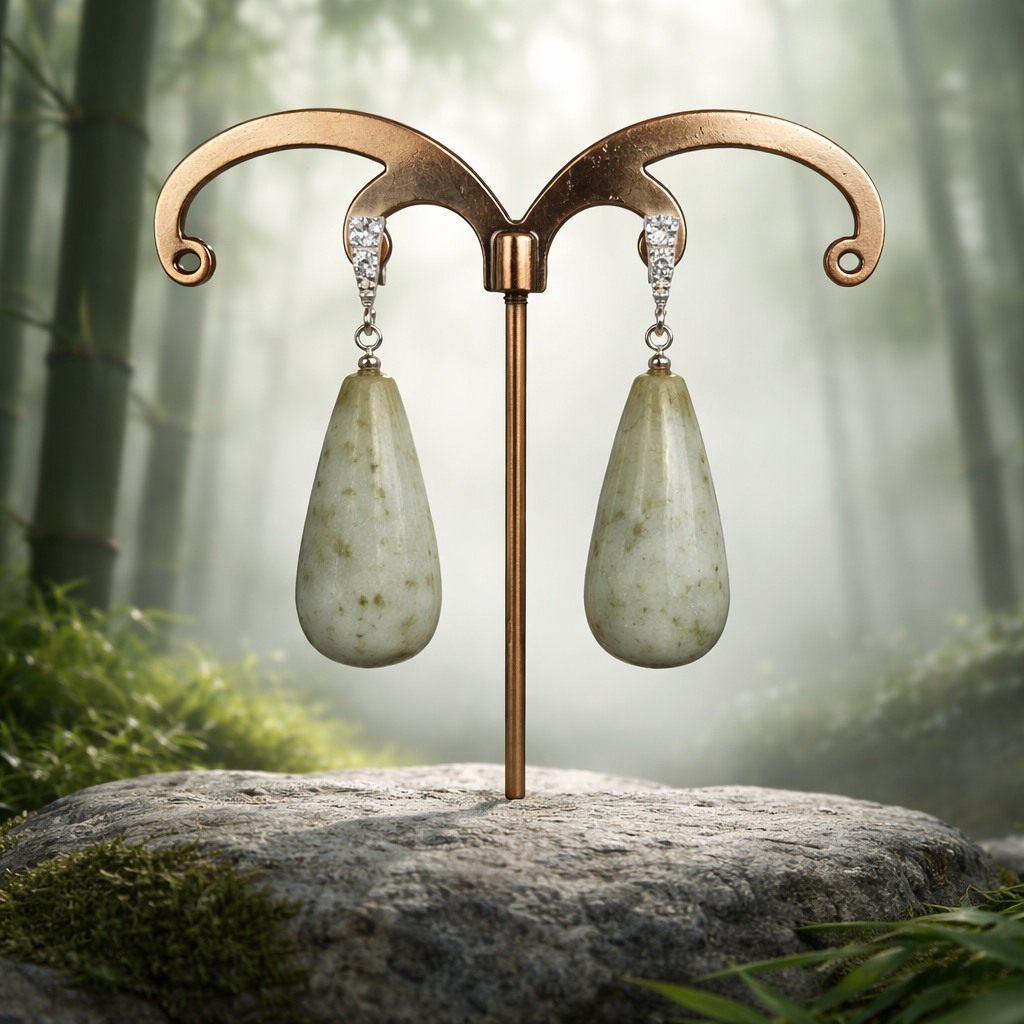 Burmese Jade Drop Earrings | Type A White Jade | Sterling Silver Diamond Stud | Luxury Gemstone Earrings | Handmade