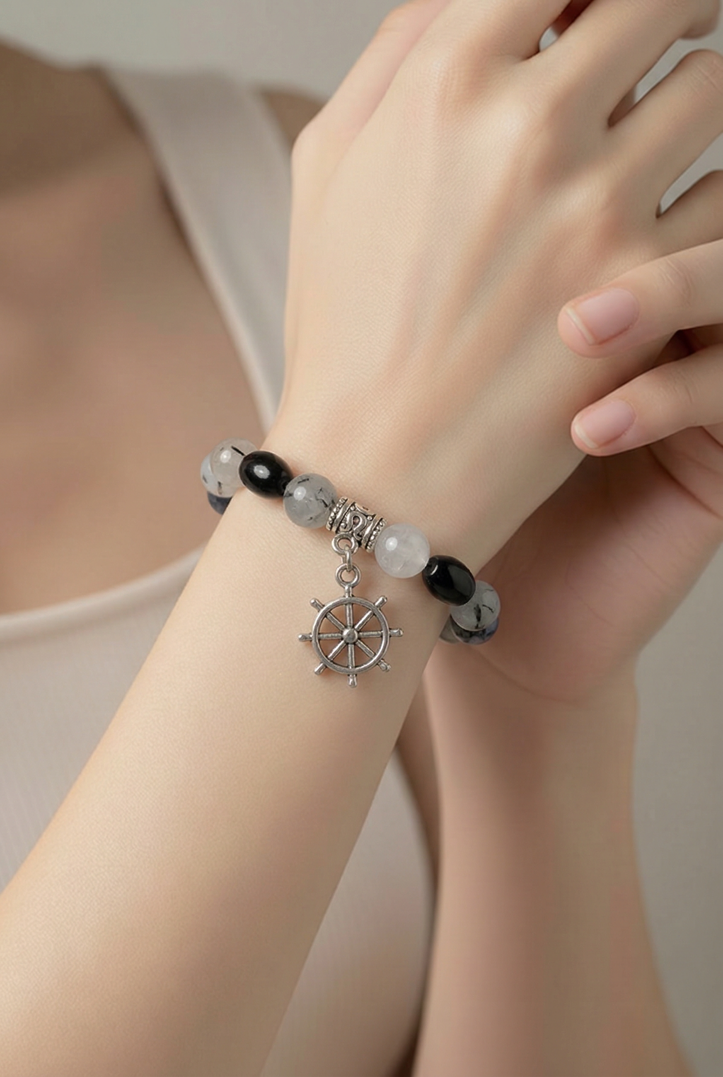 Tourmalinated Quartz and Black Agate Stretch Bracelet | Ship's Wheel Charm | Handmade Gemstone Bracelet