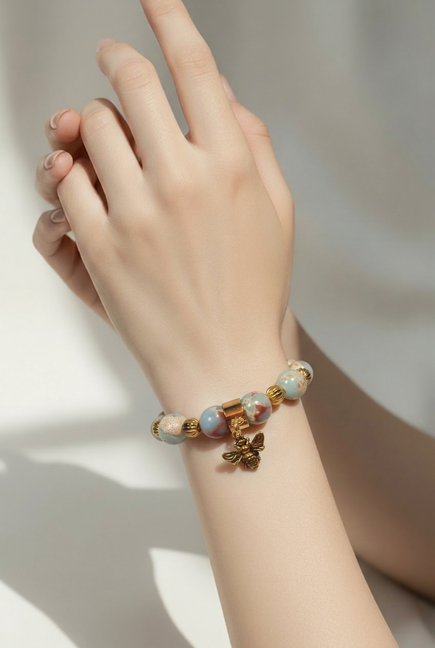 Multicolour Agate and Bumble Bee Charm Bracelet | Tibetan Gold Spacers | Stretch Bracelet | Handmade Boho Bracelet