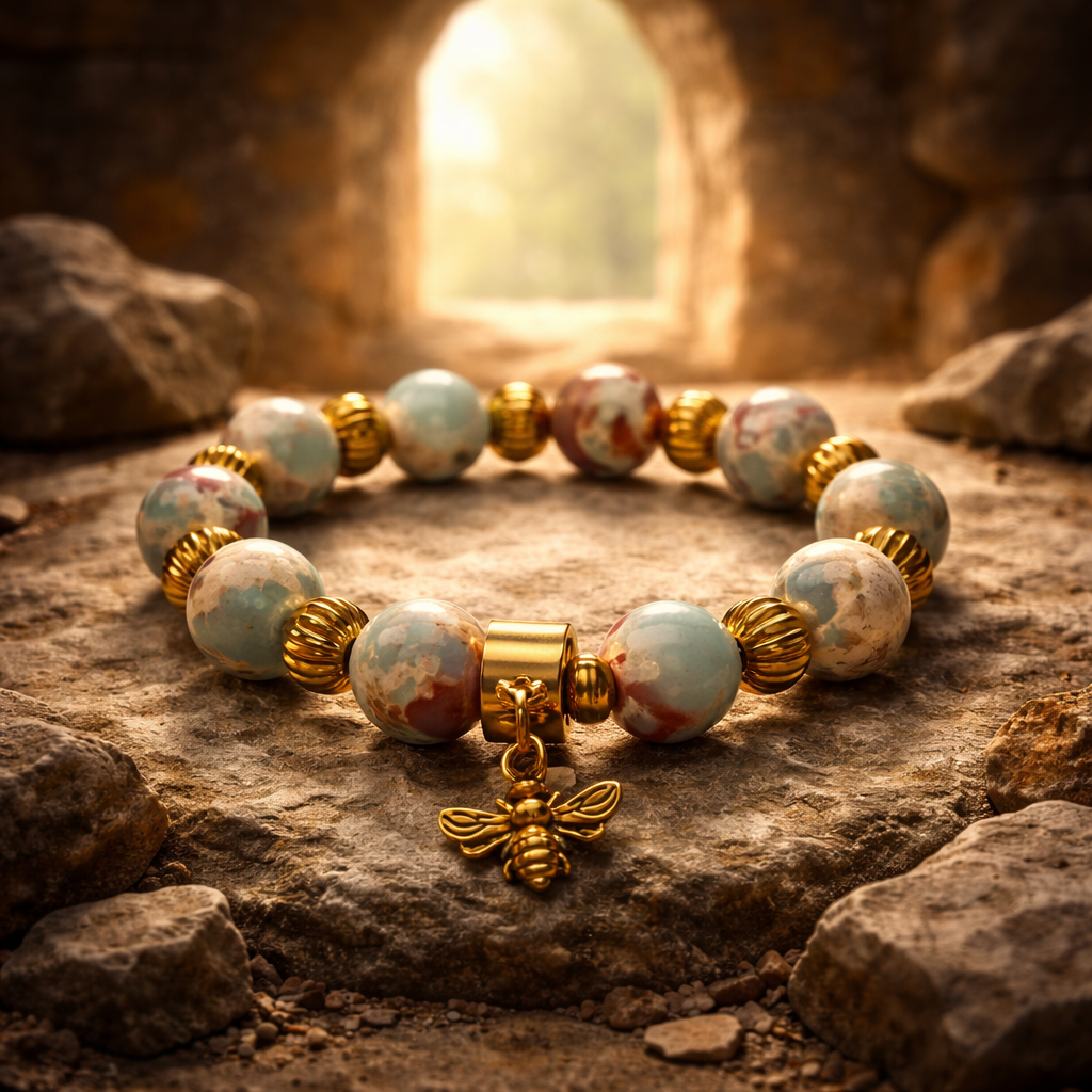 Multicolour Agate and Bumble Bee Charm Bracelet | Tibetan Gold Spacers | Stretch Bracelet | Handmade Boho Bracelet