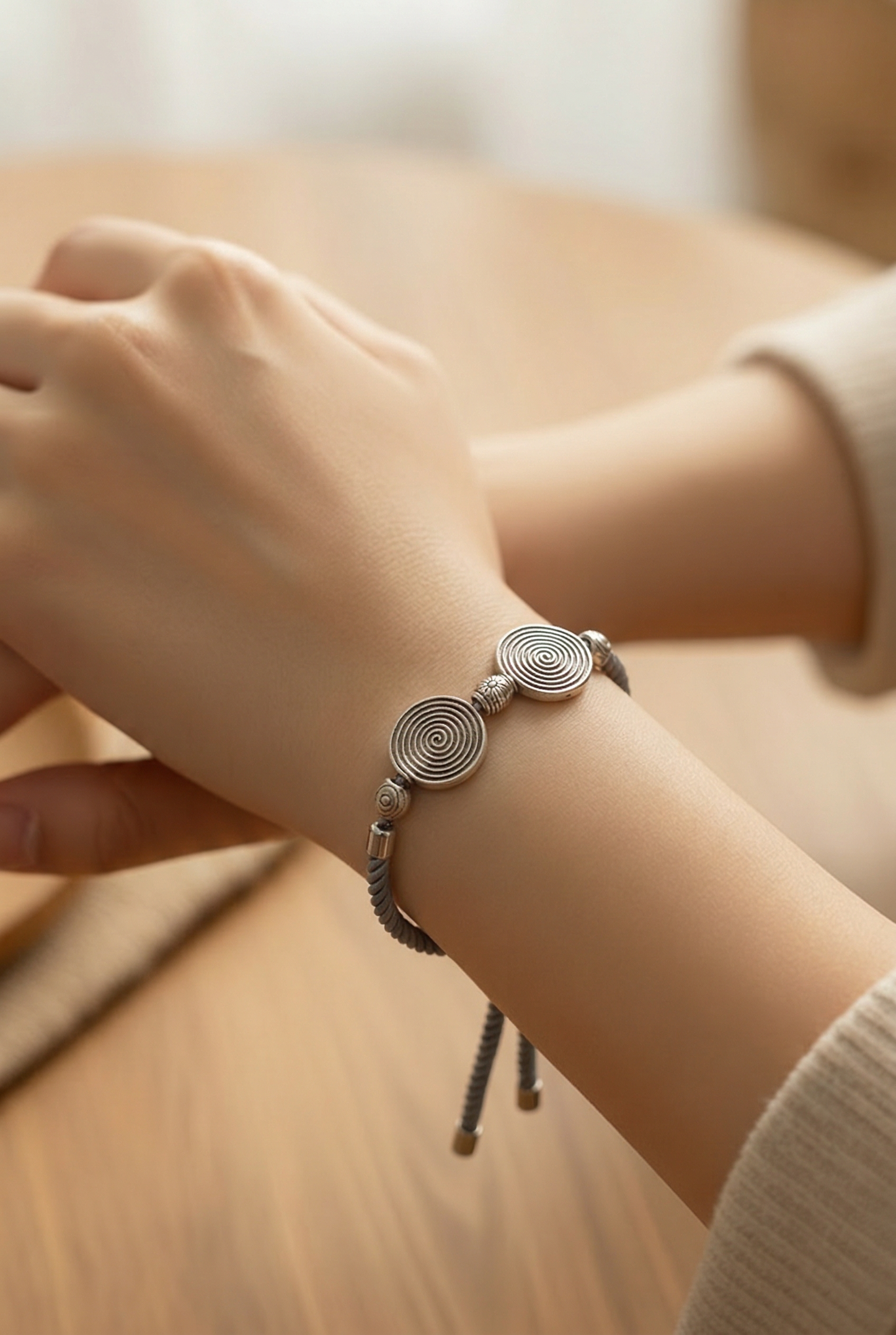 Celtic Spiral Disc Bracelet | Adjustable Grey Cord | Antique Silver | Unisex Handmade Bracelet