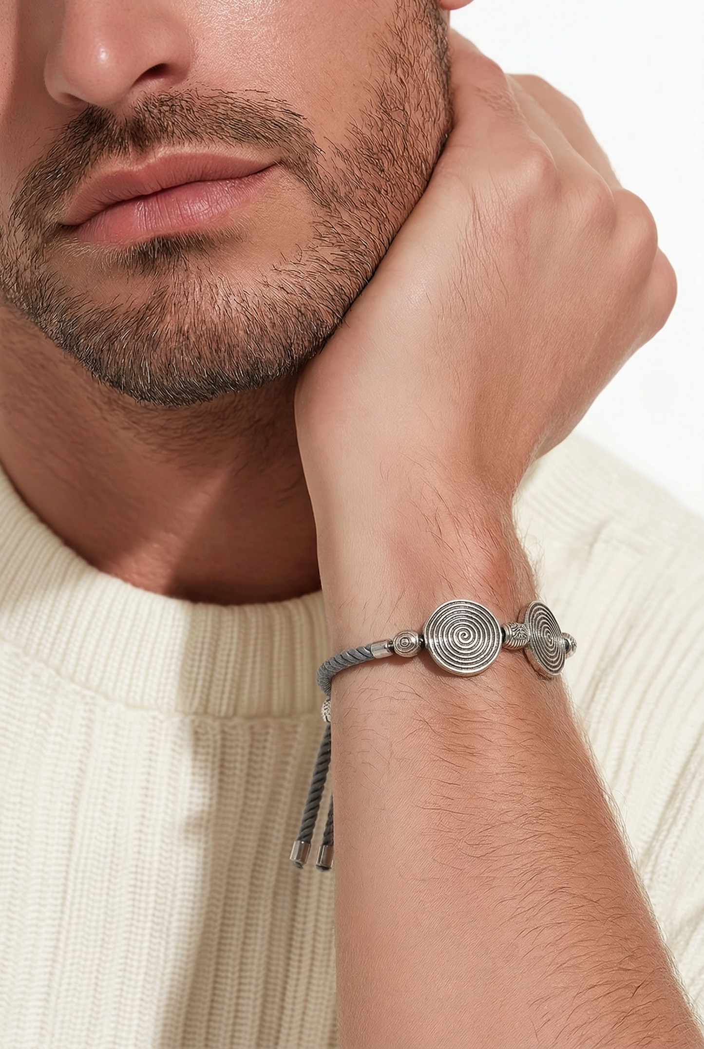 Celtic Spiral Disc Bracelet | Adjustable Grey Cord | Antique Silver | Unisex Handmade Bracelet