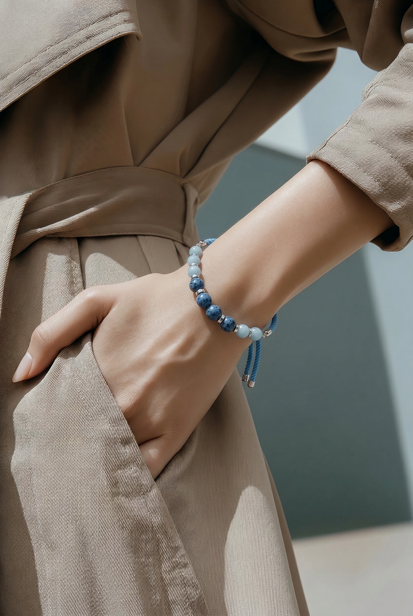 Angelite and Blue Spot Jasper Rope Bracelet | Silver Plated Spacers | Adjustable | Handmade Gemstone Bracelet