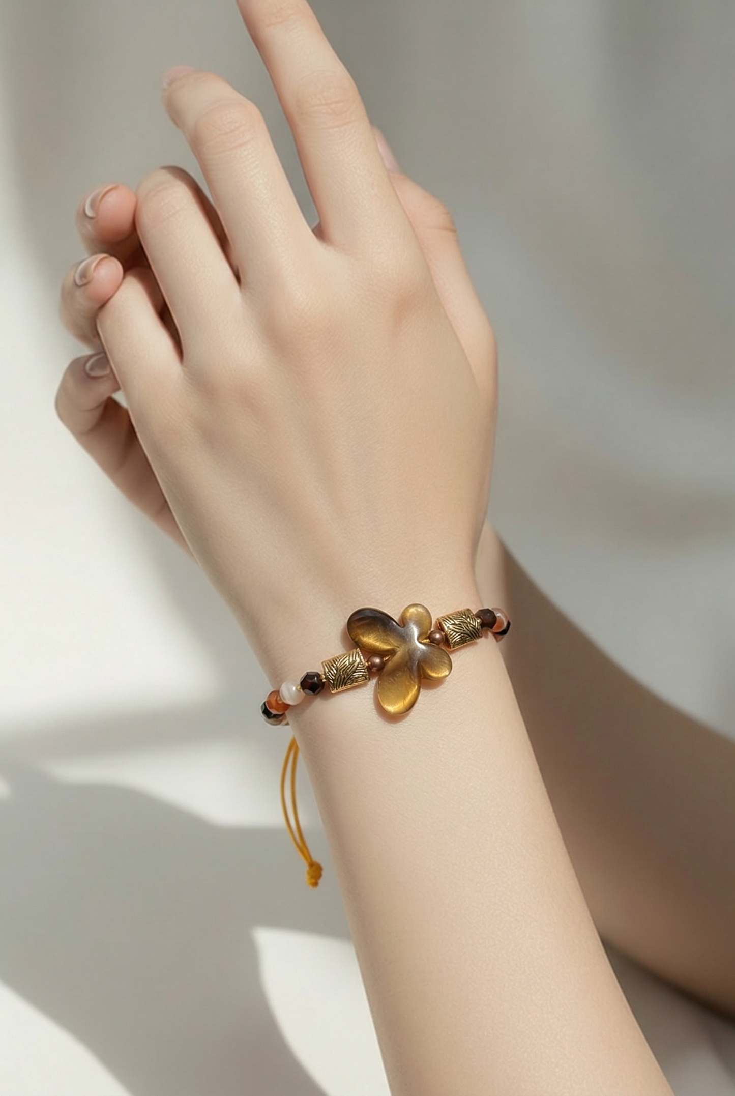 Banded Agate & Butterfly Bracelet | Adjustable Yellow Cord | Boho Handmade Bracelet | Copper & Gold Spacers