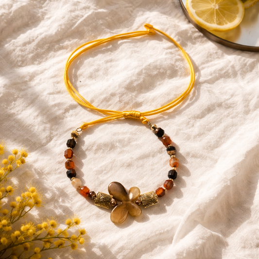 Banded Agate & Butterfly Bracelet | Adjustable Yellow Cord | Boho Handmade Bracelet | Copper & Gold Spacers