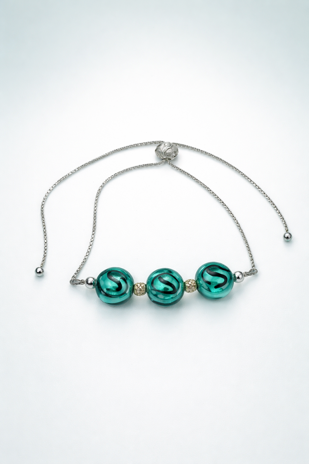 Murano Glass and Sterling Silver Slider Bracelet | Verde Marino Caramella Pastiglia Beads | Handmade Italian Glass Bracelet