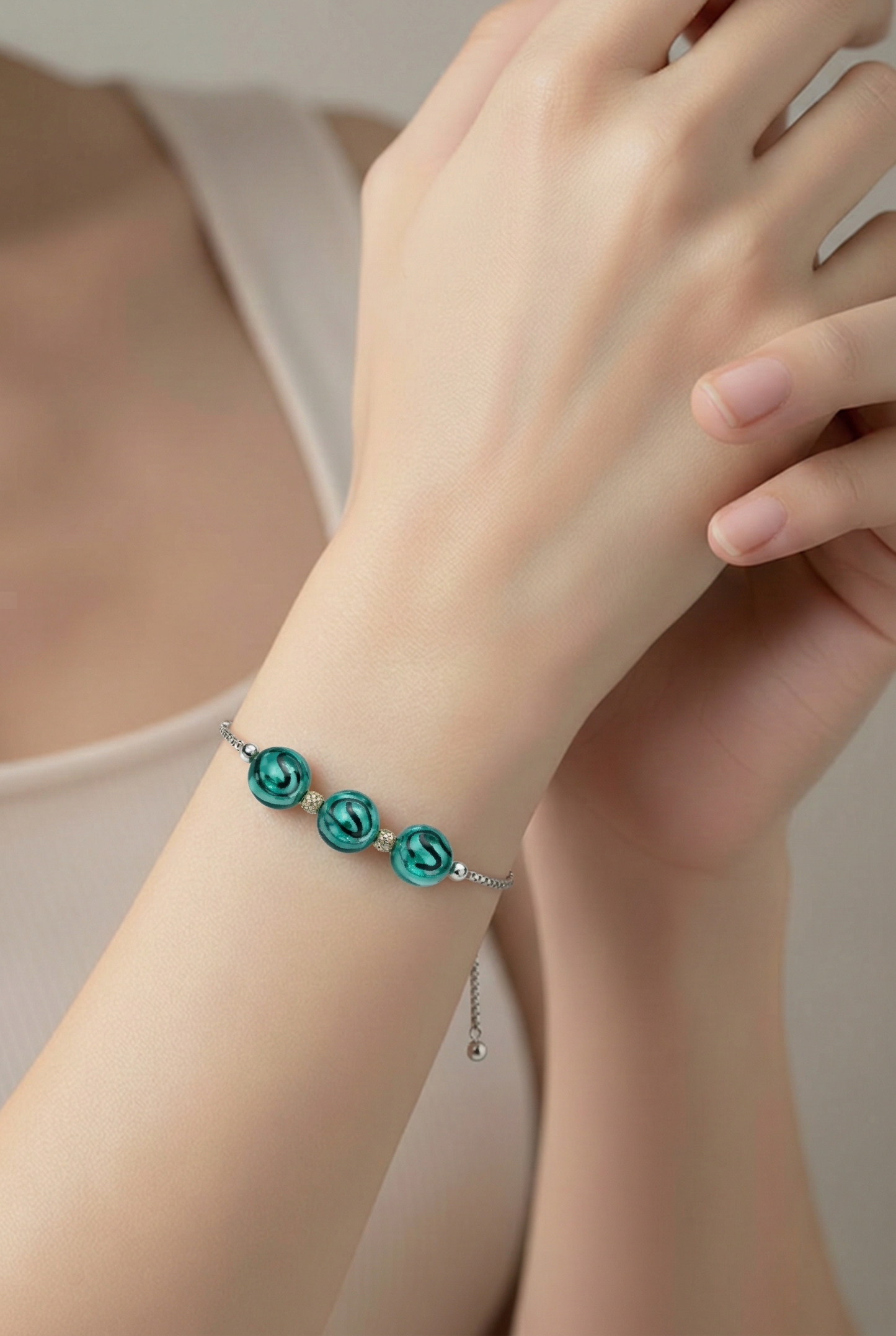 Murano Glass and Sterling Silver Slider Bracelet | Verde Marino Caramella Pastiglia Beads | Handmade Italian Glass Bracelet
