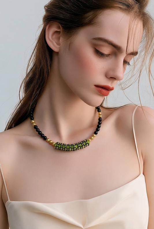 Black Agate and Peridot Green Crystal Choker | Tibetan Gold Beads | Memory Wire | Handmade Statement Necklaceen necklace