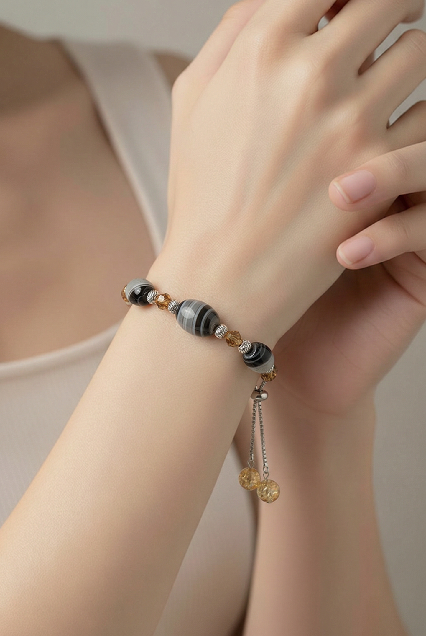 Banded Agate and Genuine Amber Slider Bracelet | Sterling Silver | Adjustable | Handmade Gemstone Bracelet
