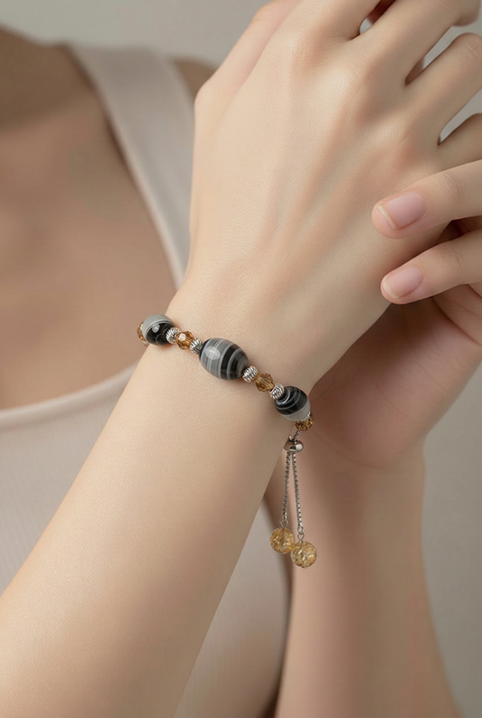 Banded Agate and Genuine Amber Slider Bracelet | Sterling Silver | Adjustable | Handmade Gemstone Bracelet
