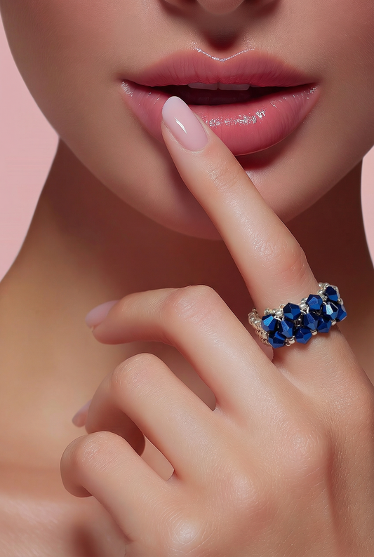 Royal Blue Crystal Cocktail Ring | Silver Seed Bead Band | Statement Ring | Handmade Beaded Ring