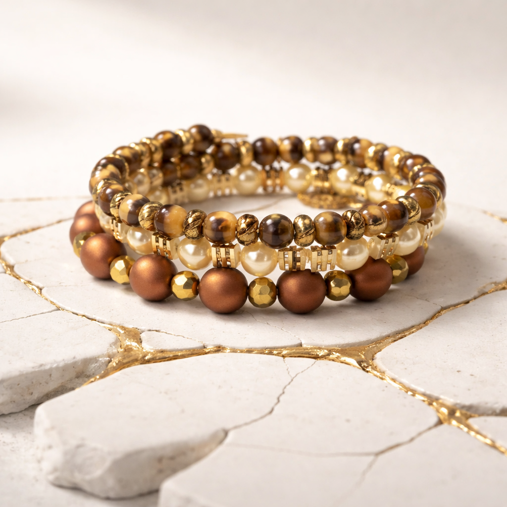 Tree of Life Memory Wire Stack Bracelet | Warm Gold & Pearl Beads | Handmade Multi-Strand Bracelet