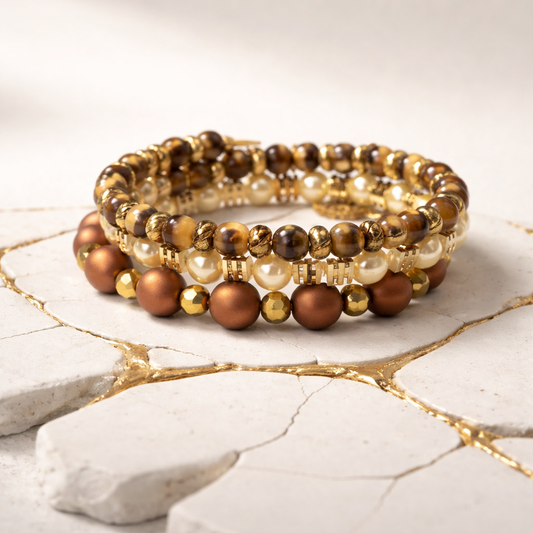 Tree of Life Memory Wire Stack Bracelet | Warm Gold & Pearl Beads | Handmade Multi-Strand Bracelet