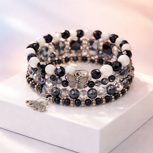 Black and White Memory Wire Stack Bracelet | Butterfly and Elephant Charms | Handmade Multi-Strand Bracelet
